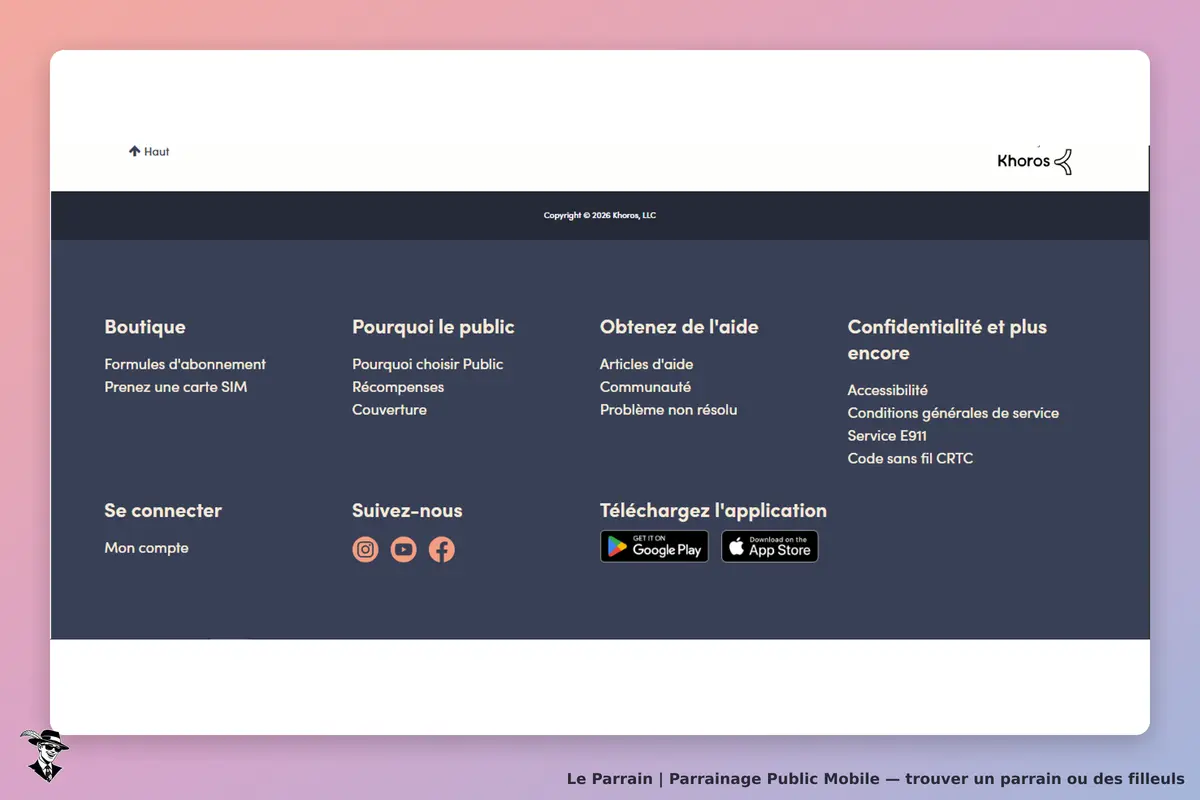 Public Mobile : pied de page du site avec liens vers services et réseaux sociaux