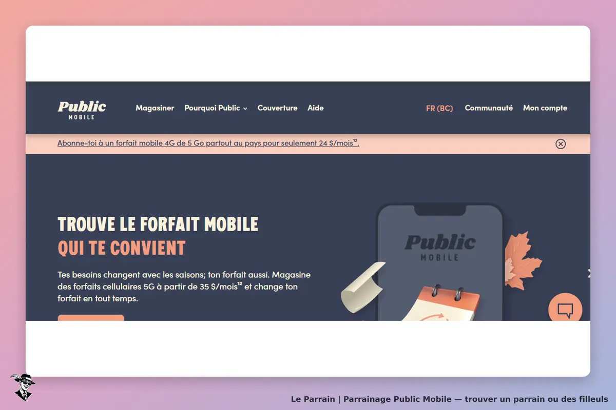 Public Mobile : page d'accueil avec un message sur les forfaits mobiles et des éléments graphiques