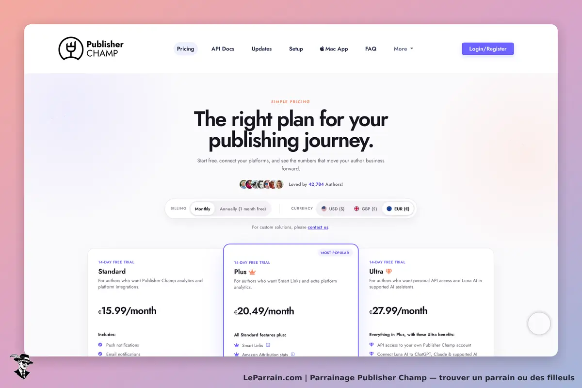 Publisher Champ : page de tarification avec trois plans d'abonnement et un essai gratuit de 14