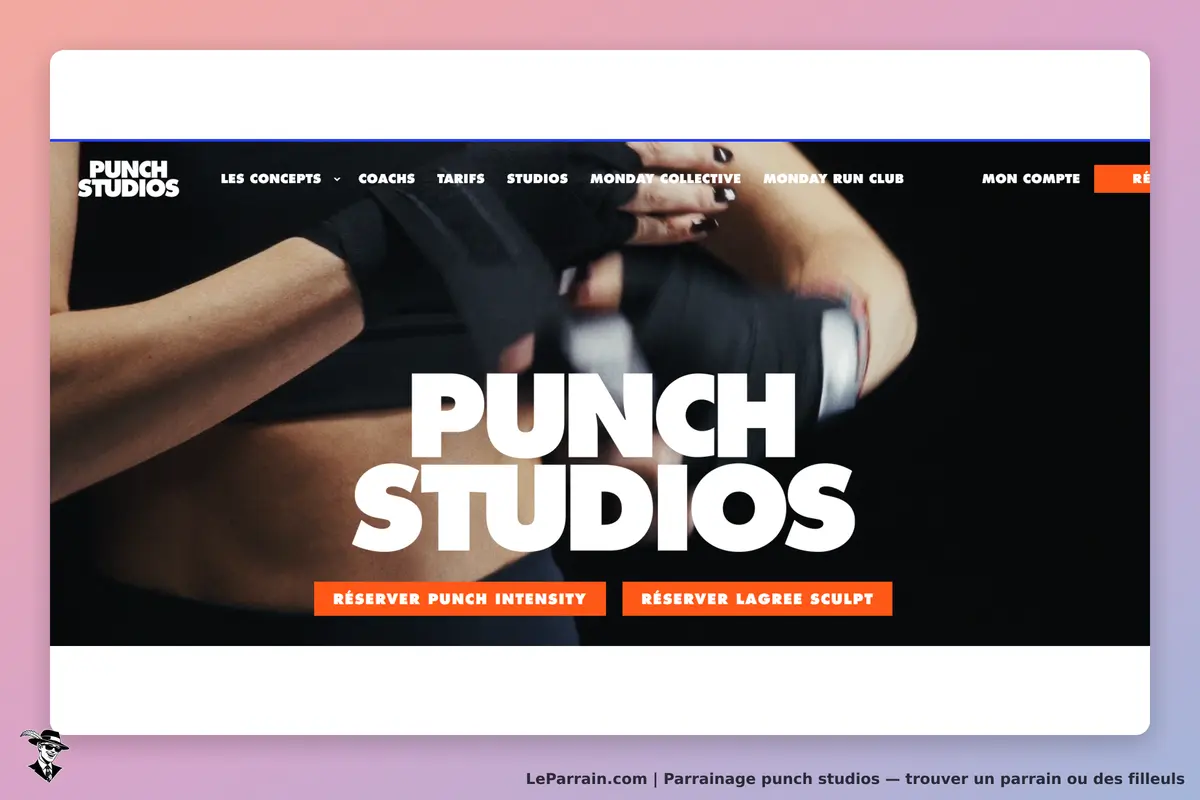 Punch Studios : logo et options de réservation pour des cours de fitness