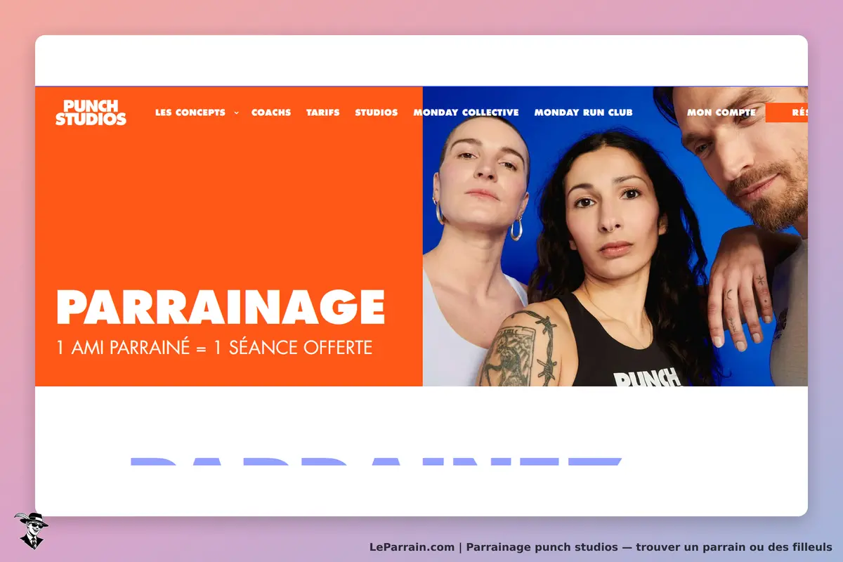 PUNCH STUDIOS : page d'accueil avec trois personnes et un encadré sur le parrainage