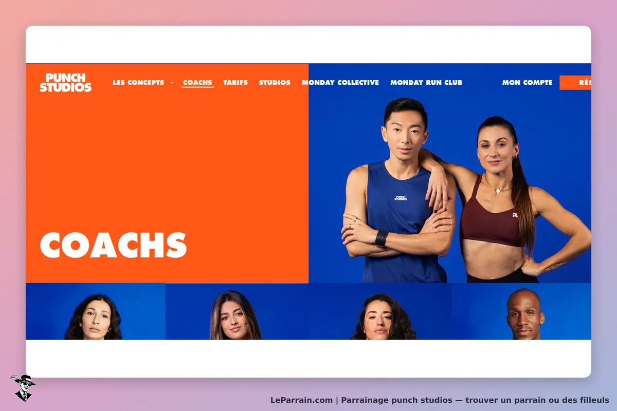 Punch Studios : section "Coachs" avec plusieurs entraîneurs en portrait sur fond coloré