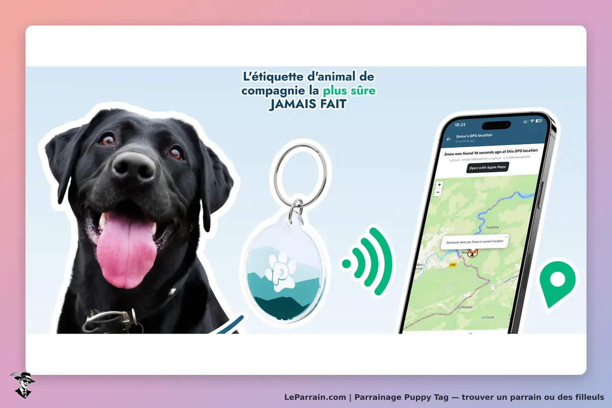 Puppy Tag : un chien noir souriant avec un GPS et une carte affichée sur un smartphone