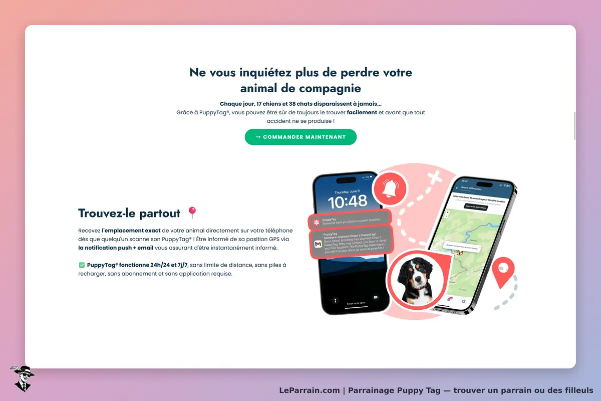 Puppy Tag : page d'accueil avec smartphones affichant des notifications et une carte de