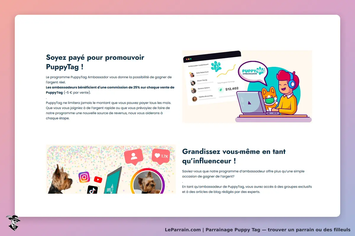 Puppy Tag : page d'accueil présentant le programme d'ambassadeur et des illustrations colorées