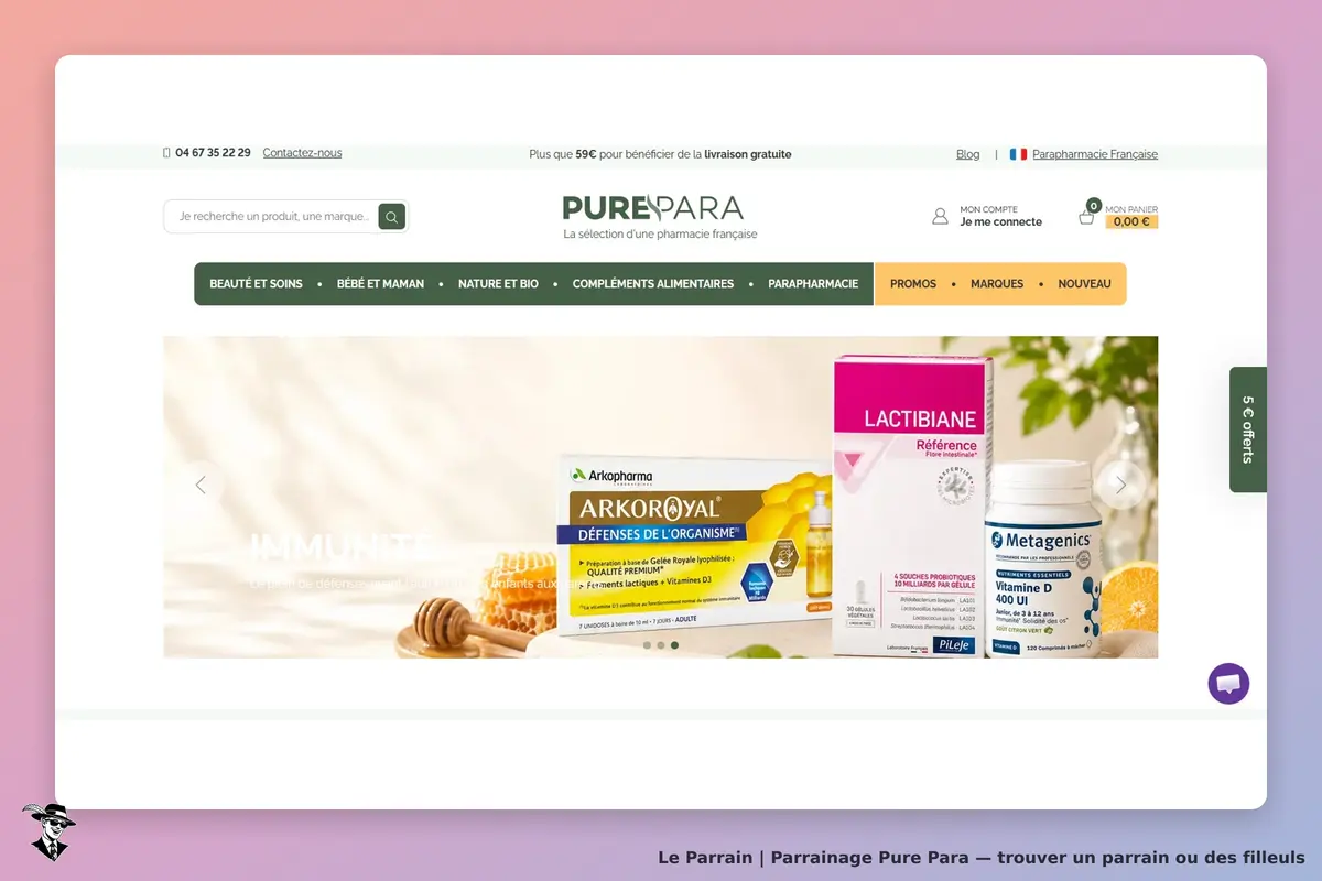 Pure Para : page d'accueil avec des produits de santé et bien-être affichés en vedette