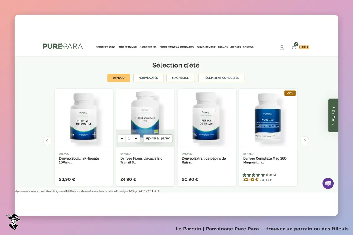 Pure Para : sélection d'été avec plusieurs produits Dynveo affichés sur la page d'accueil