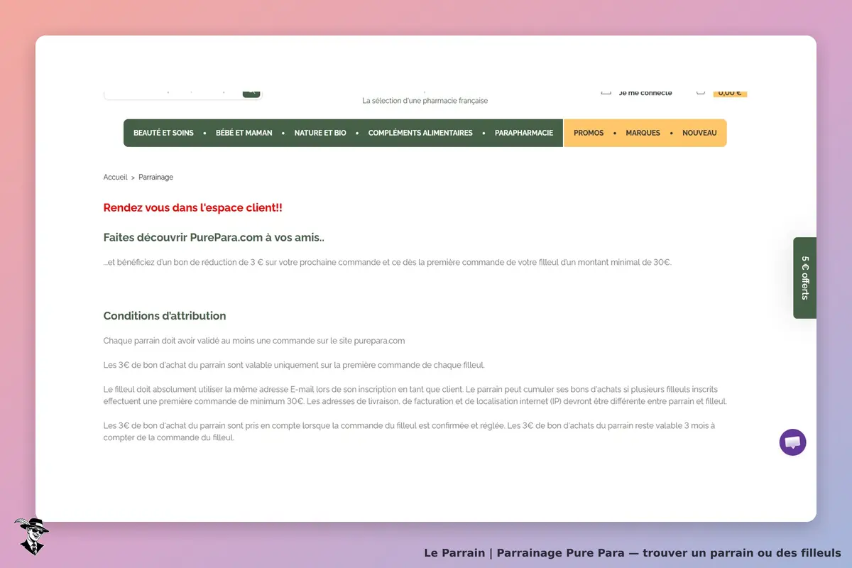 Pure Para : page de parrainage avec instructions et conditions d'attribution visibles