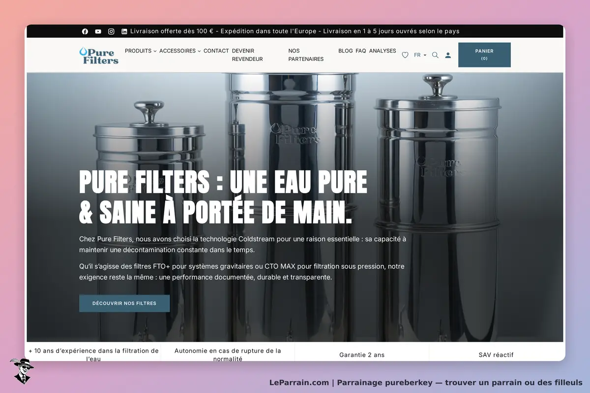 pureberkey : pure Filters : page d'accueil avec des filtres à eau en acier inoxydable et un texte