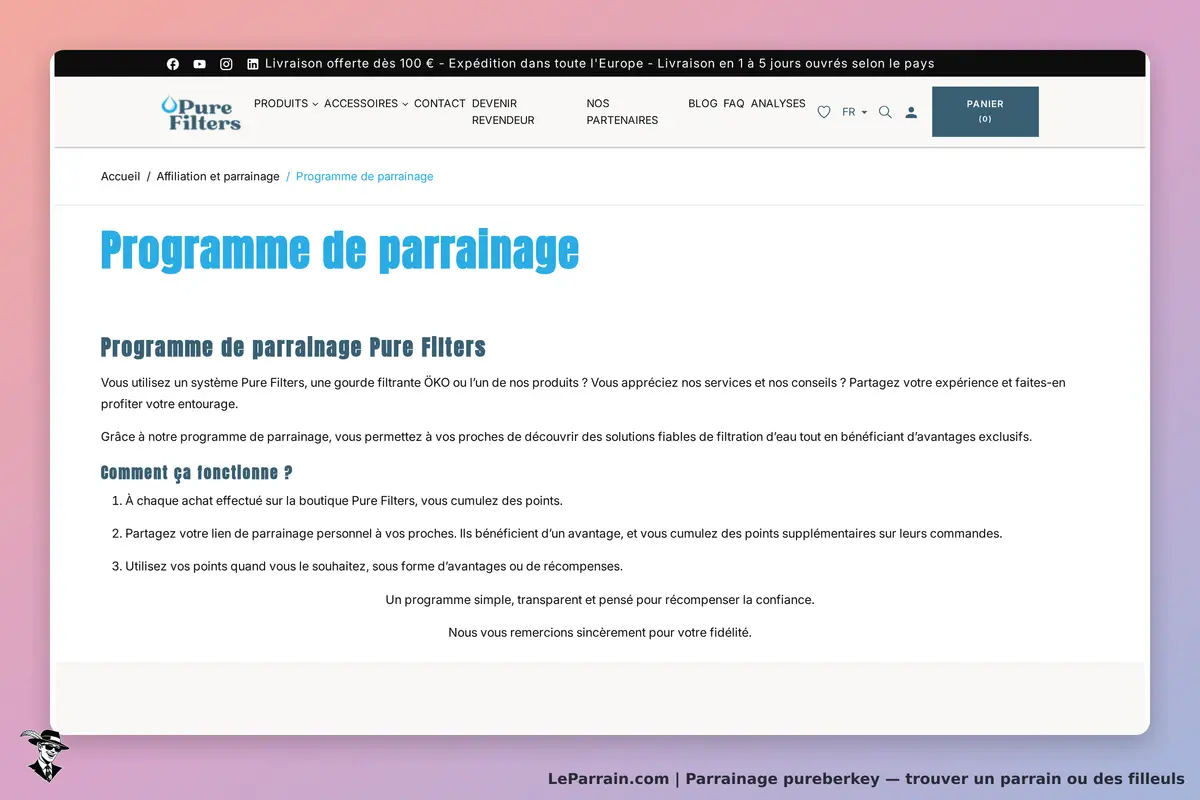 pureberkey : pure Filters : page présentant le programme de parrainage avec explications et étapes