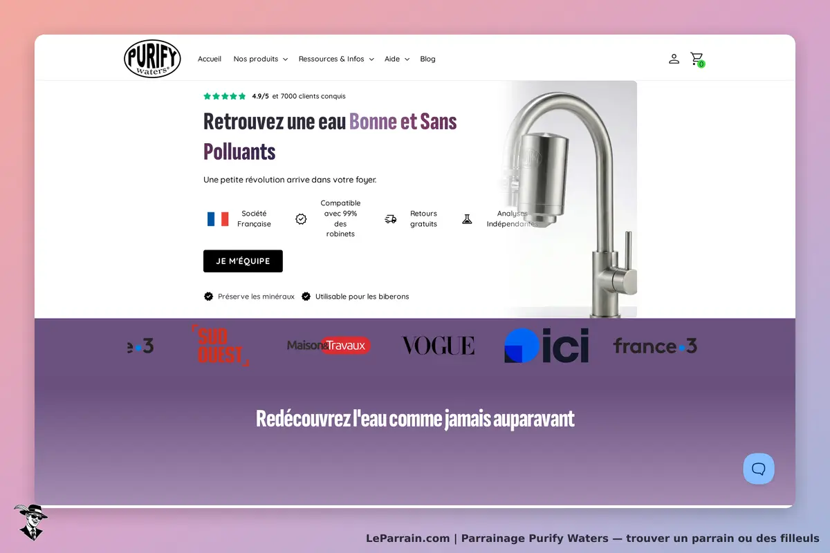 Purify Waters : page d'accueil avec un robinet filtrant et des avis clients