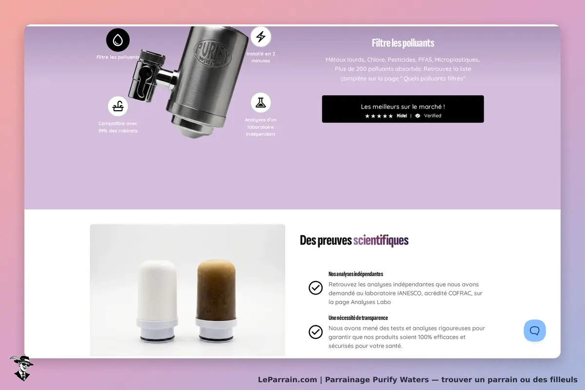 Purify Waters : filtre à eau et cartouches montrés sur la page d'accueil avec informations