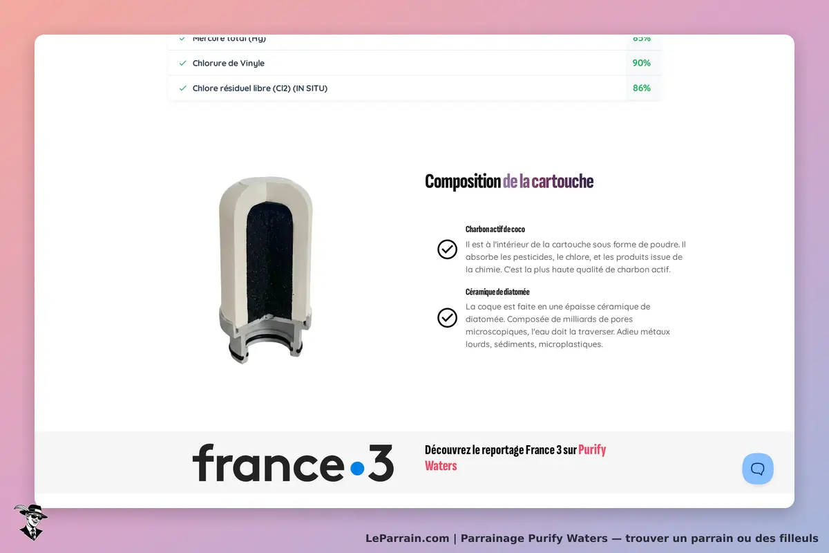 Purify Waters : composition de la cartouche avec image et descriptions des matériaux utilisés