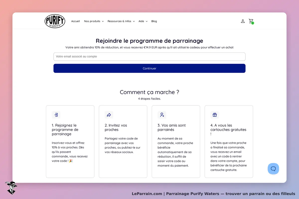 Purify Waters : page d'accueil présentant le programme de parrainage et ses étapes