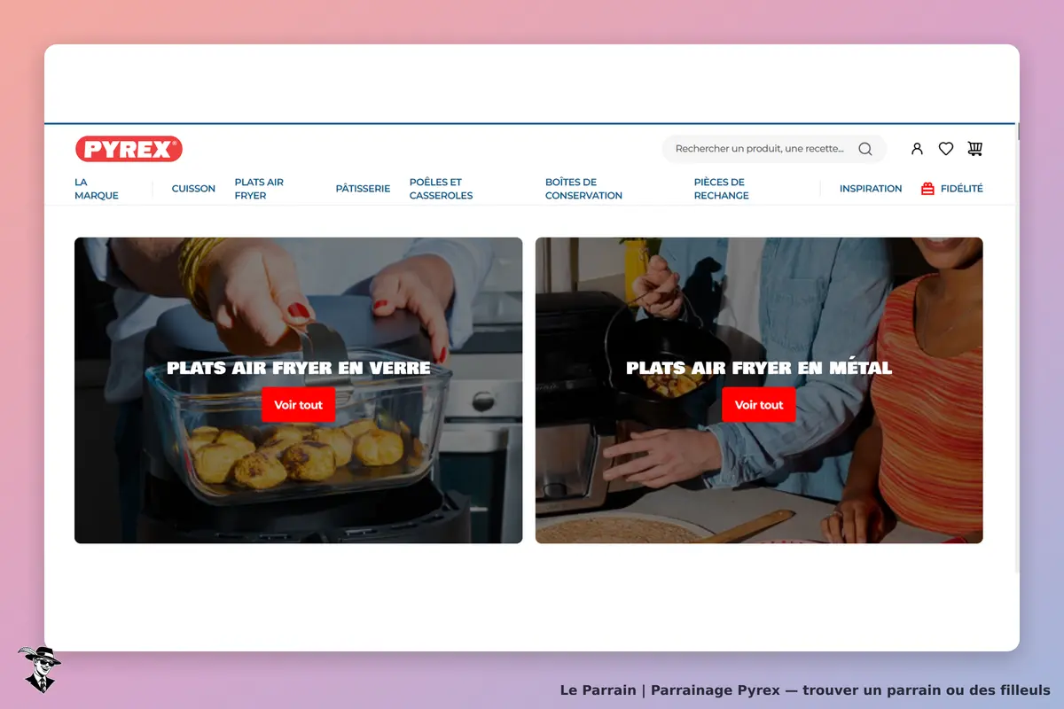 PYREX : page d'accueil présentant des plats air fryer en verre et en métal