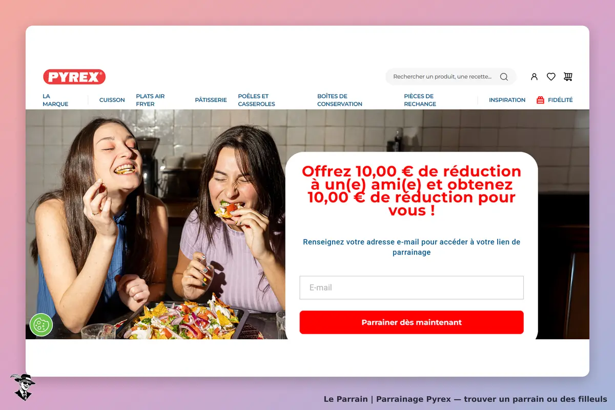 PYREX : deux femmes souriantes dégustent un plat coloré, avec un formulaire de parrainage à droite