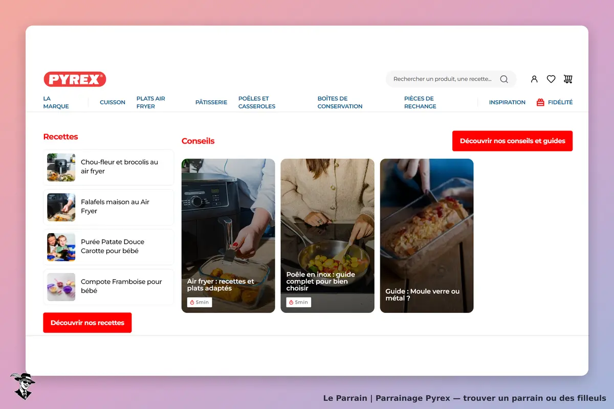PYREX : page d'accueil avec recettes et conseils pour cuisiner avec des produits Pyrex