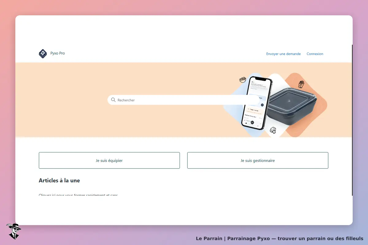 Pyxo : page d'accueil avec barre de recherche et options pour équipier ou gestionnaire