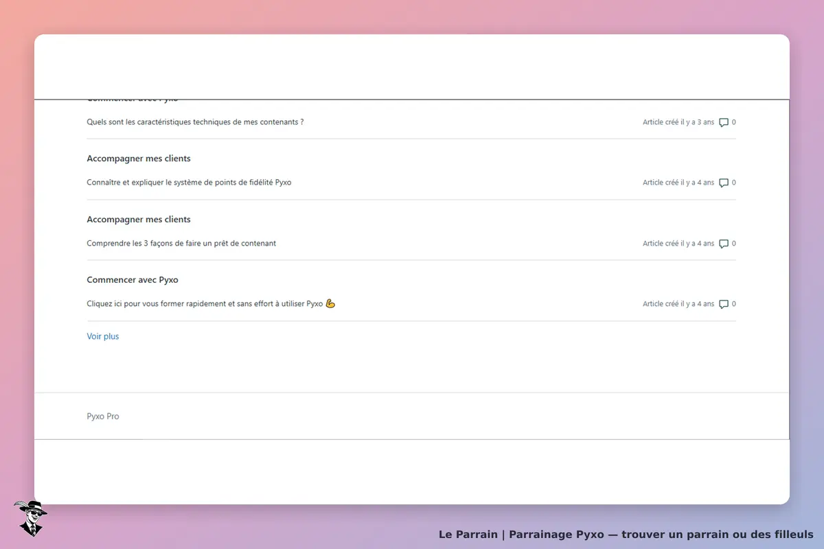 Pyxo : liste d'articles d'aide avec titres et dates de création sur fond dégradé