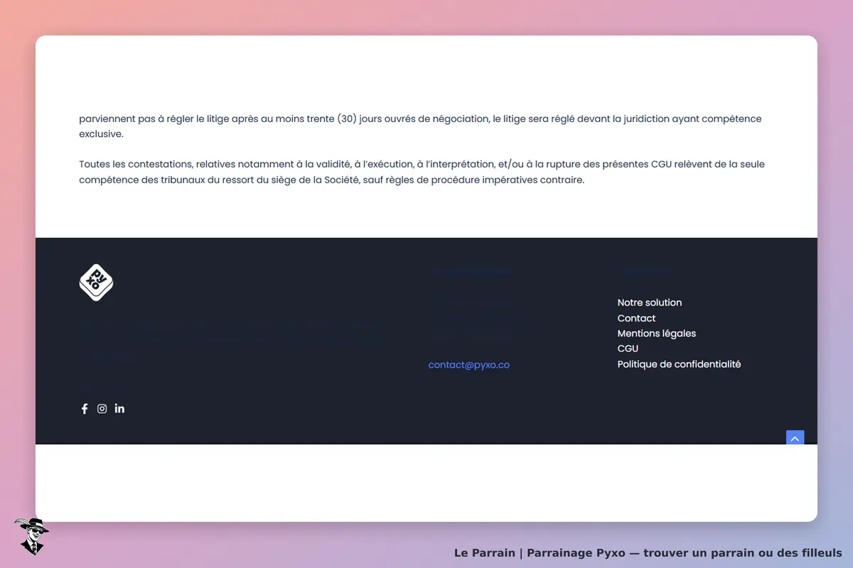 Pyxo : mentions légales et informations de contact en bas de la page d'accueil