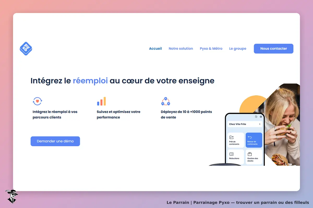 Pyxo : page d'accueil présentant le réemploi avec options et image d'une personne mangeant