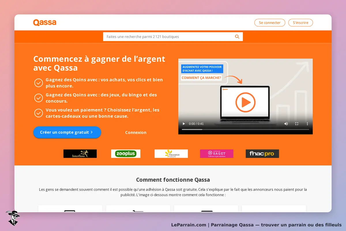 Qassa : page d'accueil présentant des options pour gagner des Qoin et un vidéo explicative