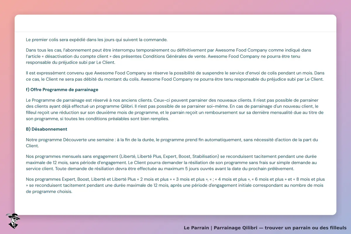 Qilibri : texte explicatif sur le programme de parrainage et les conditions de résiliation