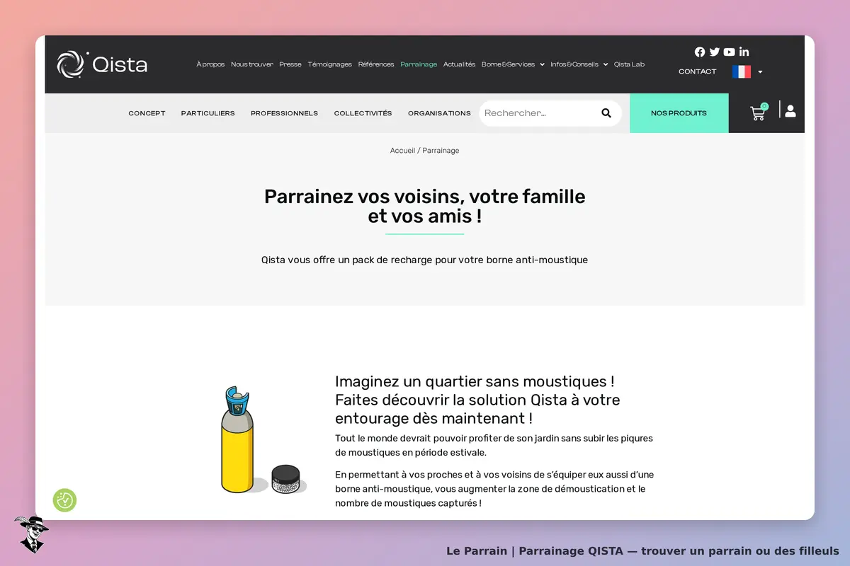 Qista : page d'accueil avec un message de parrainage et une illustration de produit anti-moustique