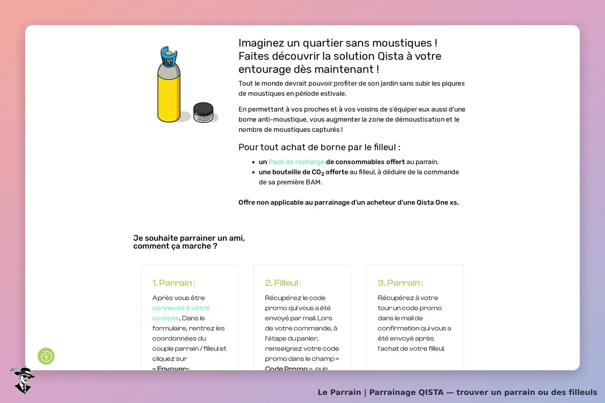 QISTA : page d'accueil avec illustration d'un produit et explication du parrainage