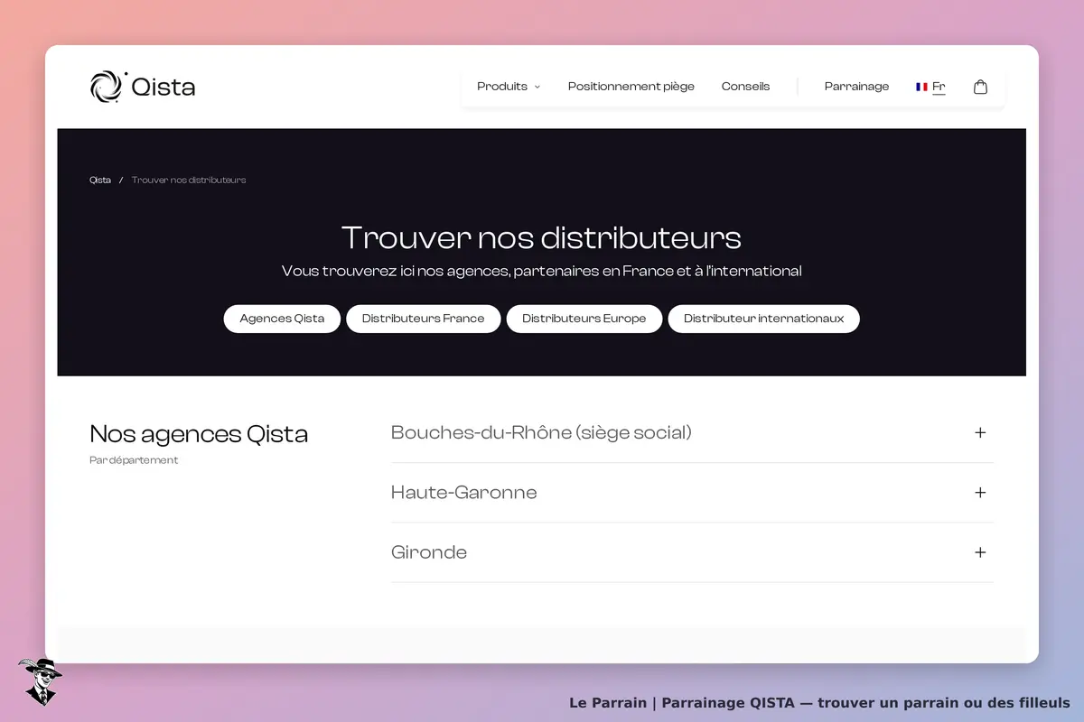 Qista : page affichant les agences et distributeurs par département en France