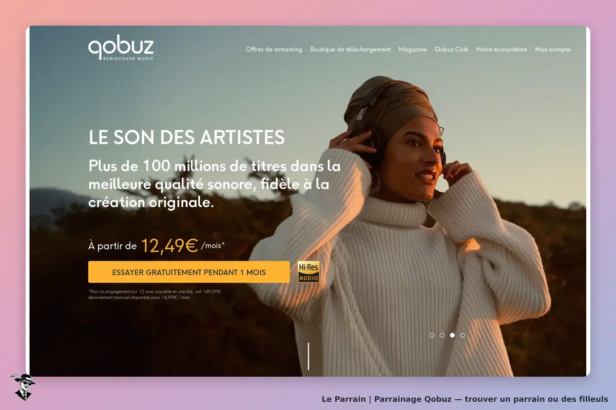 Qobuz : page d'accueil avec une femme portant des écouteurs et un texte sur la qualité sonore