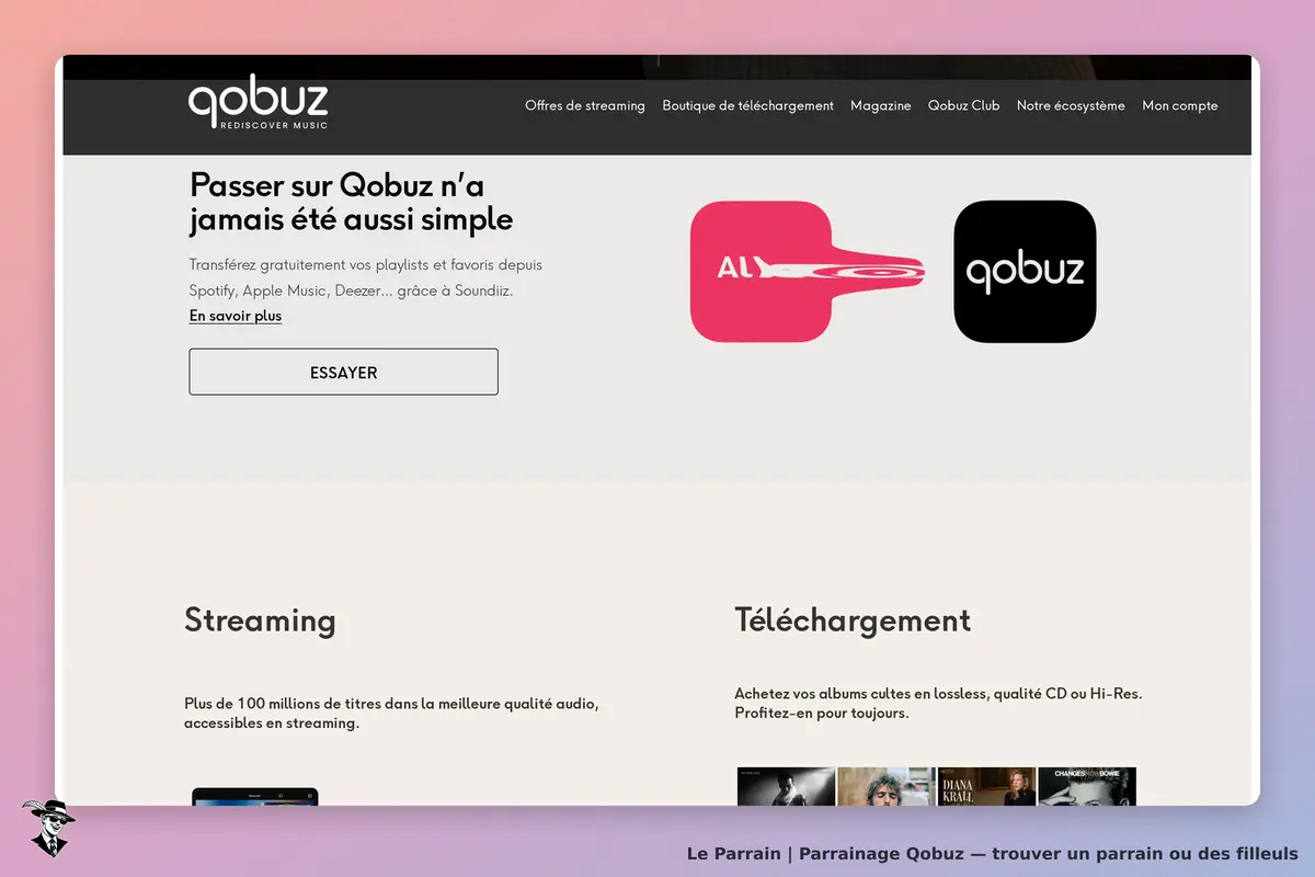 Qobuz : page d'accueil avec options de streaming et de téléchargement, bouton "Essayer"