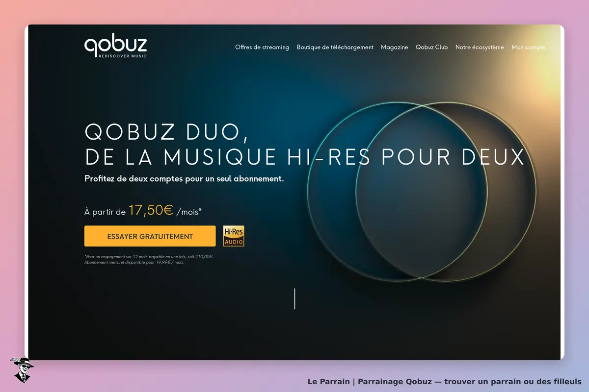 Qobuz : page d'accueil présentant l'abonnement Qobuz Duo et un bouton d'essai gratuit