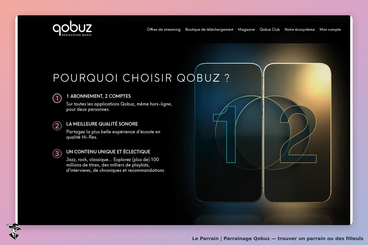 Qobuz : présentation des avantages avec les points 1, 2, 3 sur fond sombre et visuels de