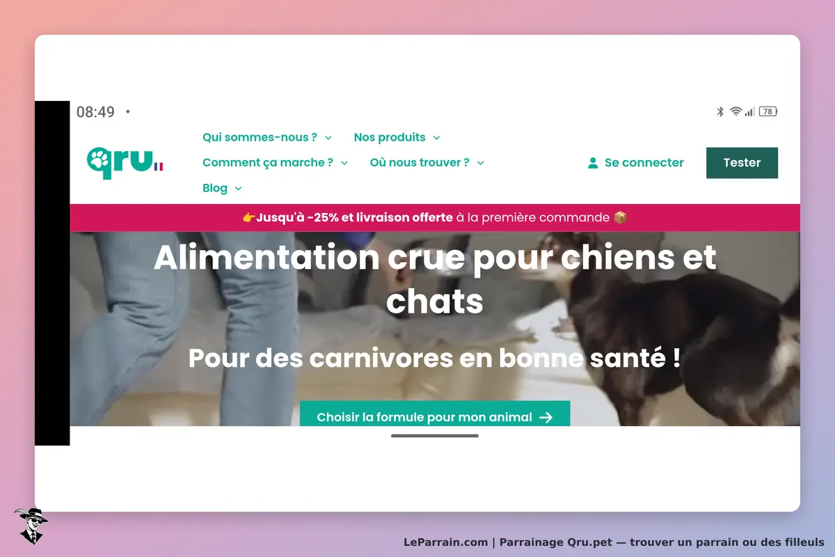 Qru.pet : qru : page d'accueil présentant l'alimentation crue pour chiens et chats avec un chien