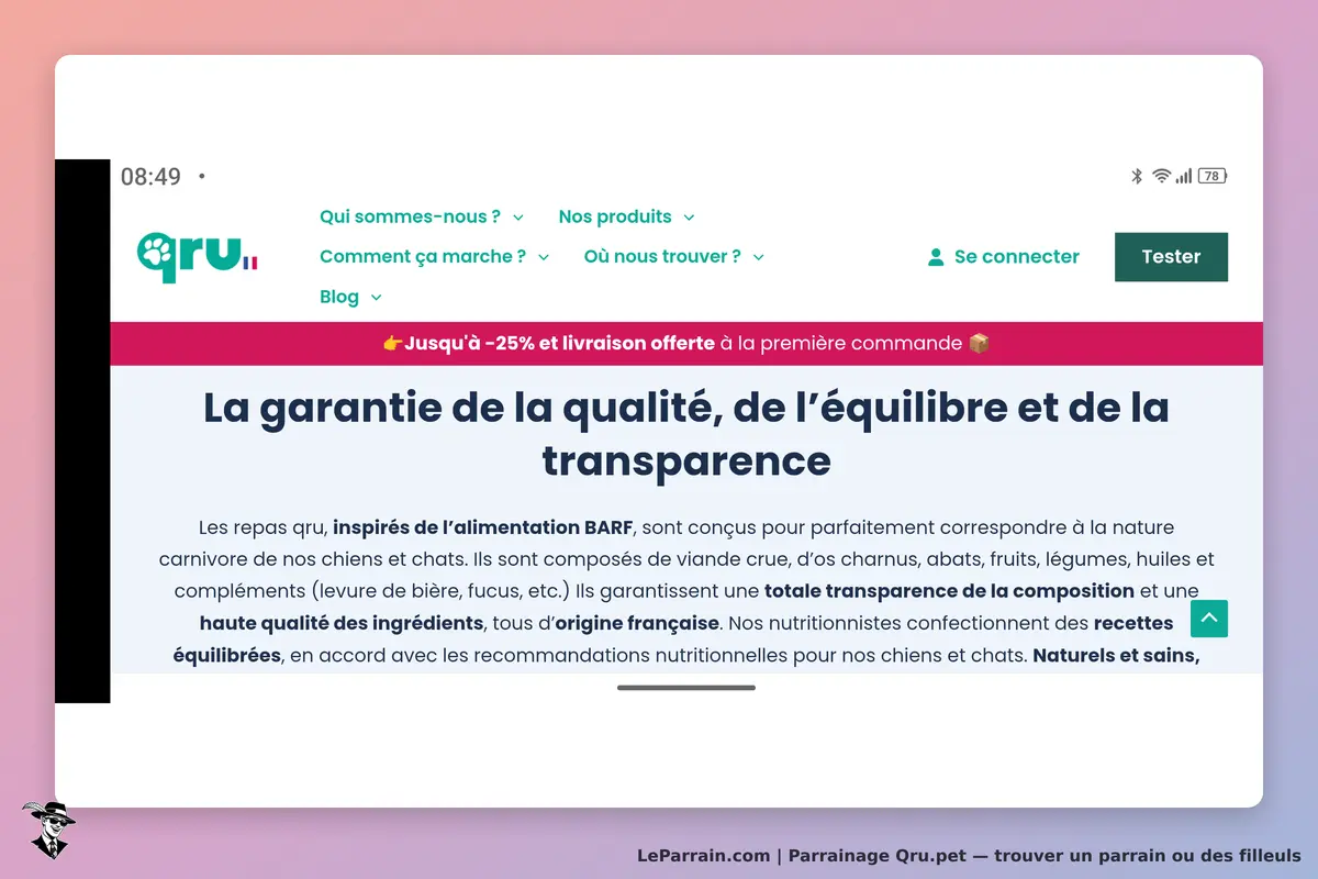 Qru.pet : page d'accueil présentant la garantie de qualité et d'équilibre des repas pour animaux