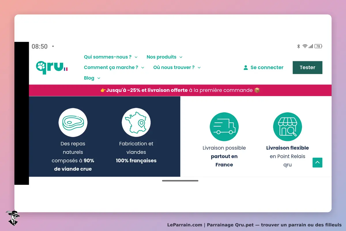 Qru.pet : page d'accueil avec informations sur des repas naturels et livraison en France