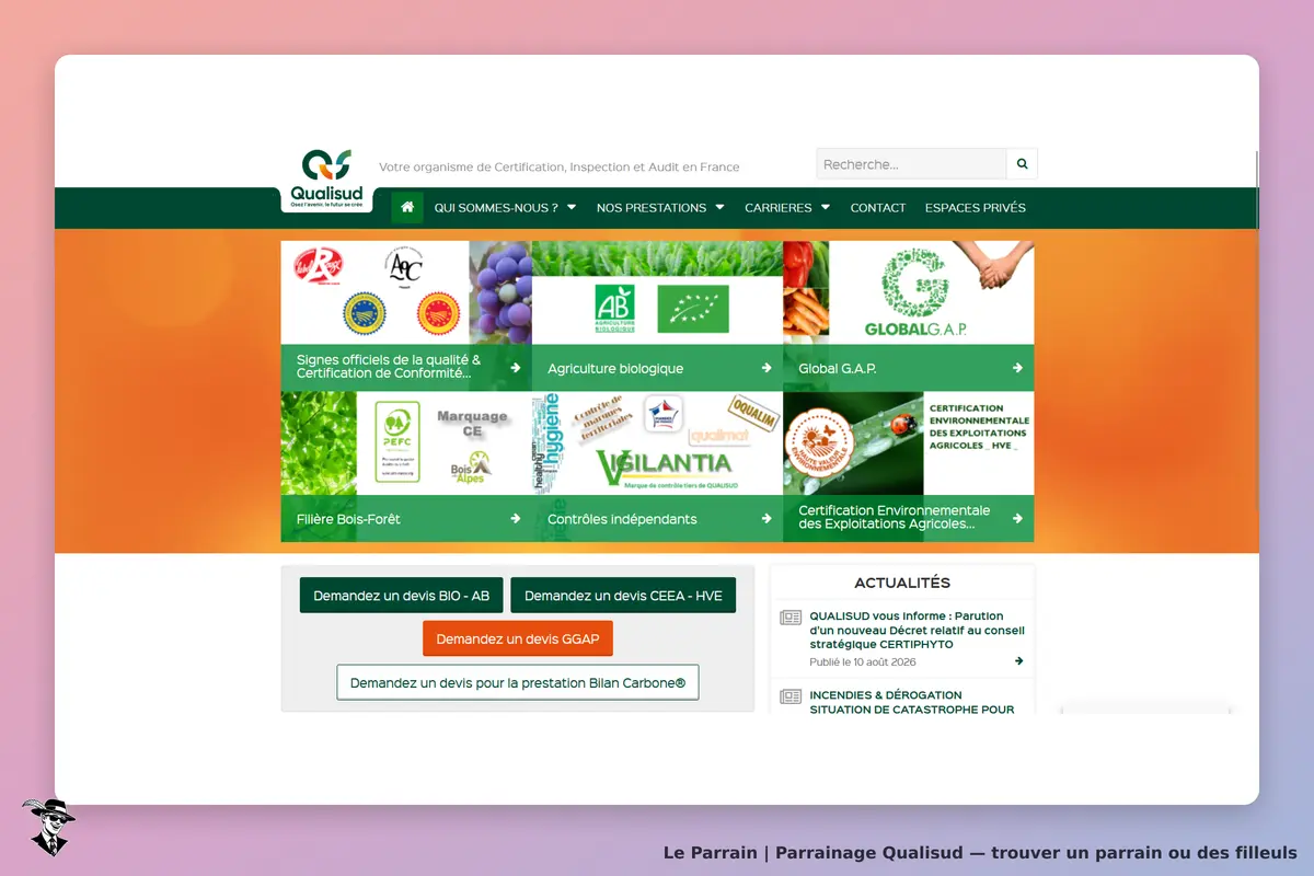 Qualisud : page d'accueil avec logos de certifications et accès à des devis pour services