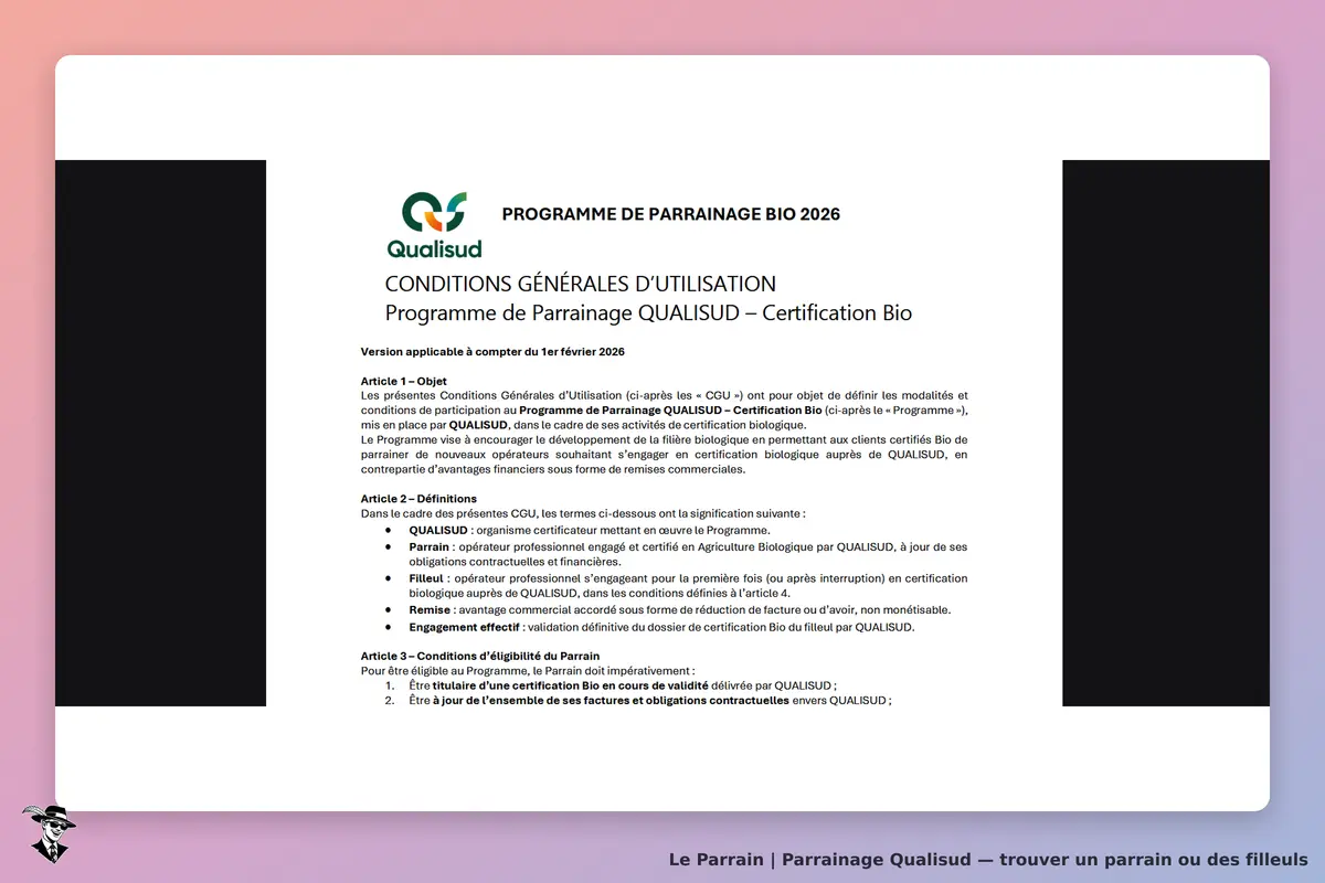 Qualisud : conditions générales d'utilisation du programme de parrainage Bio 2026