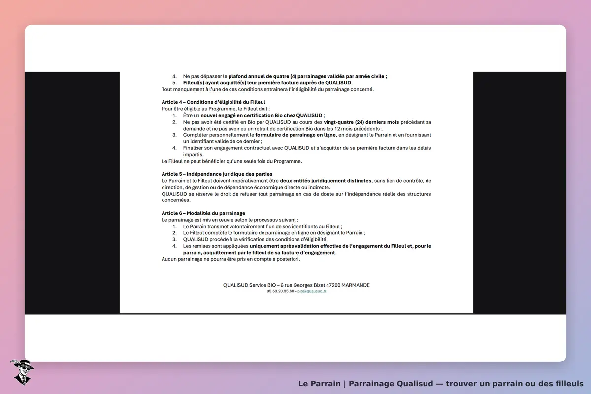 Qualisud : texte des conditions d'éligibilité et modalités de parrainage affiché sur l'écran