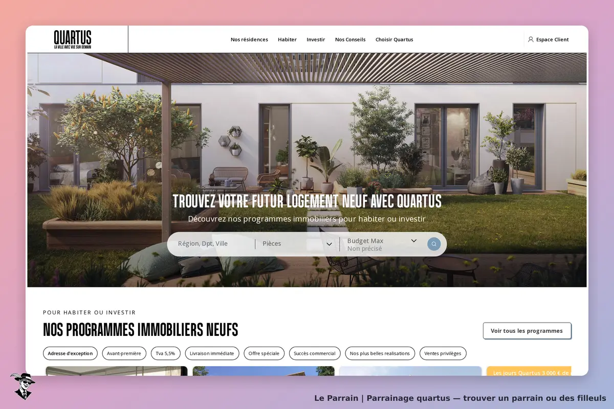 Quartus : page d'accueil avec un visuel d'un logement moderne et un formulaire de recherche