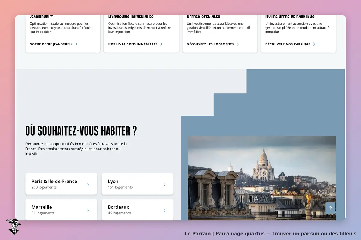 Quartus : page d'accueil avec options de logement et vue sur un paysage urbain
