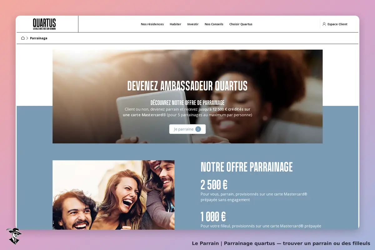 Quartus : page d'accueil avec un appel à devenir ambassadeur et des images de personnes souriantes