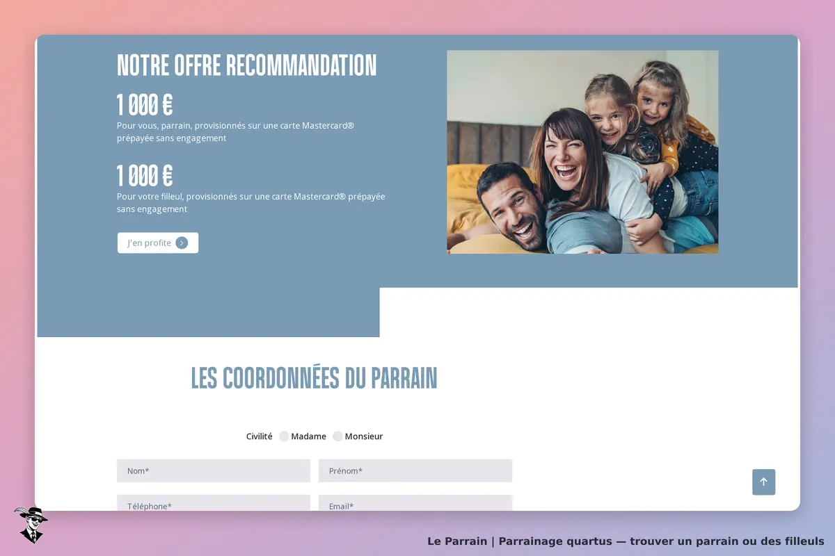 Quartus : section de recommandation avec formulaire et photo d'une famille souriante