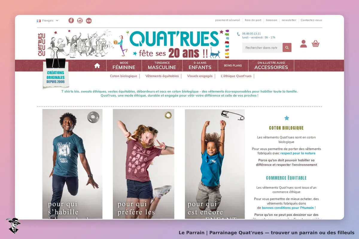 Quat'rues : page d'accueil avec vêtements en coton bio et enfants posant avec enthousiasme