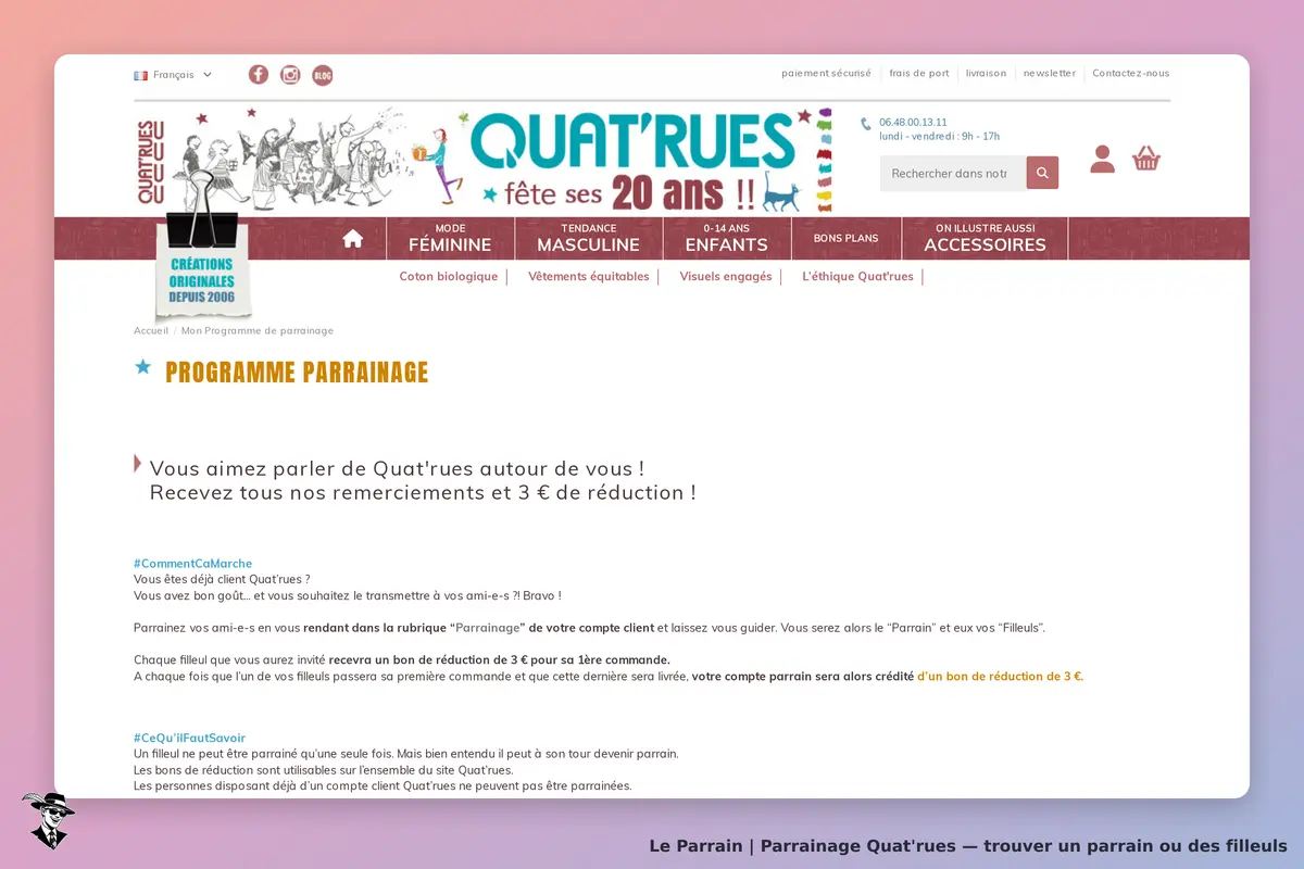 Quat'rues : page d'accueil avec le programme de parrainage et ses explications visibles