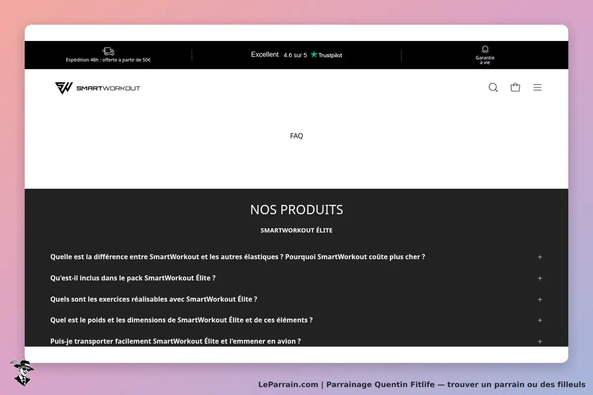 Quentin Fitlife : section FAQ sur les produits SmartWorkout avec plusieurs questions affichées