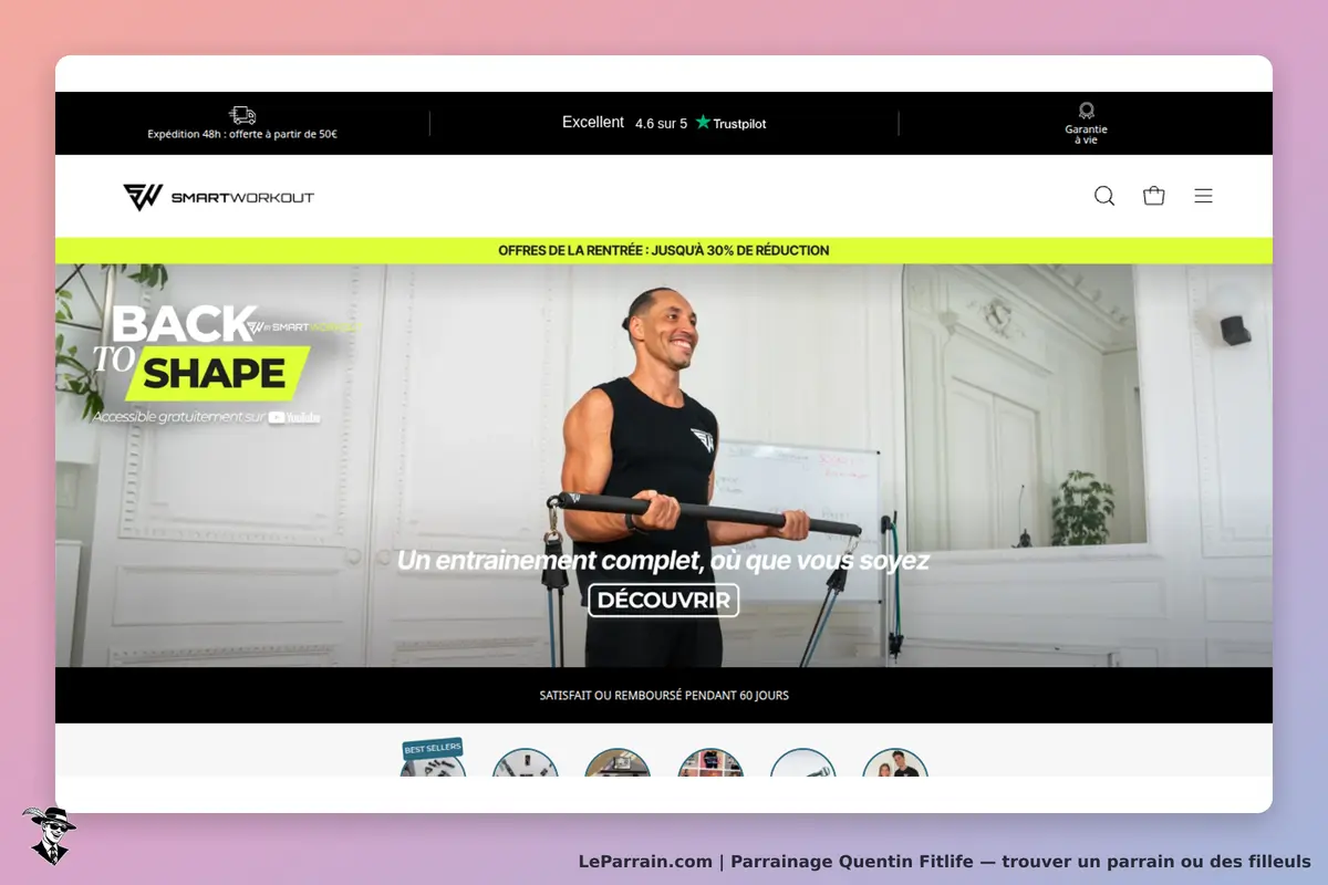 Quentin Fitlife : page d'accueil avec un homme s'entraînant et un message sur l'entraînement