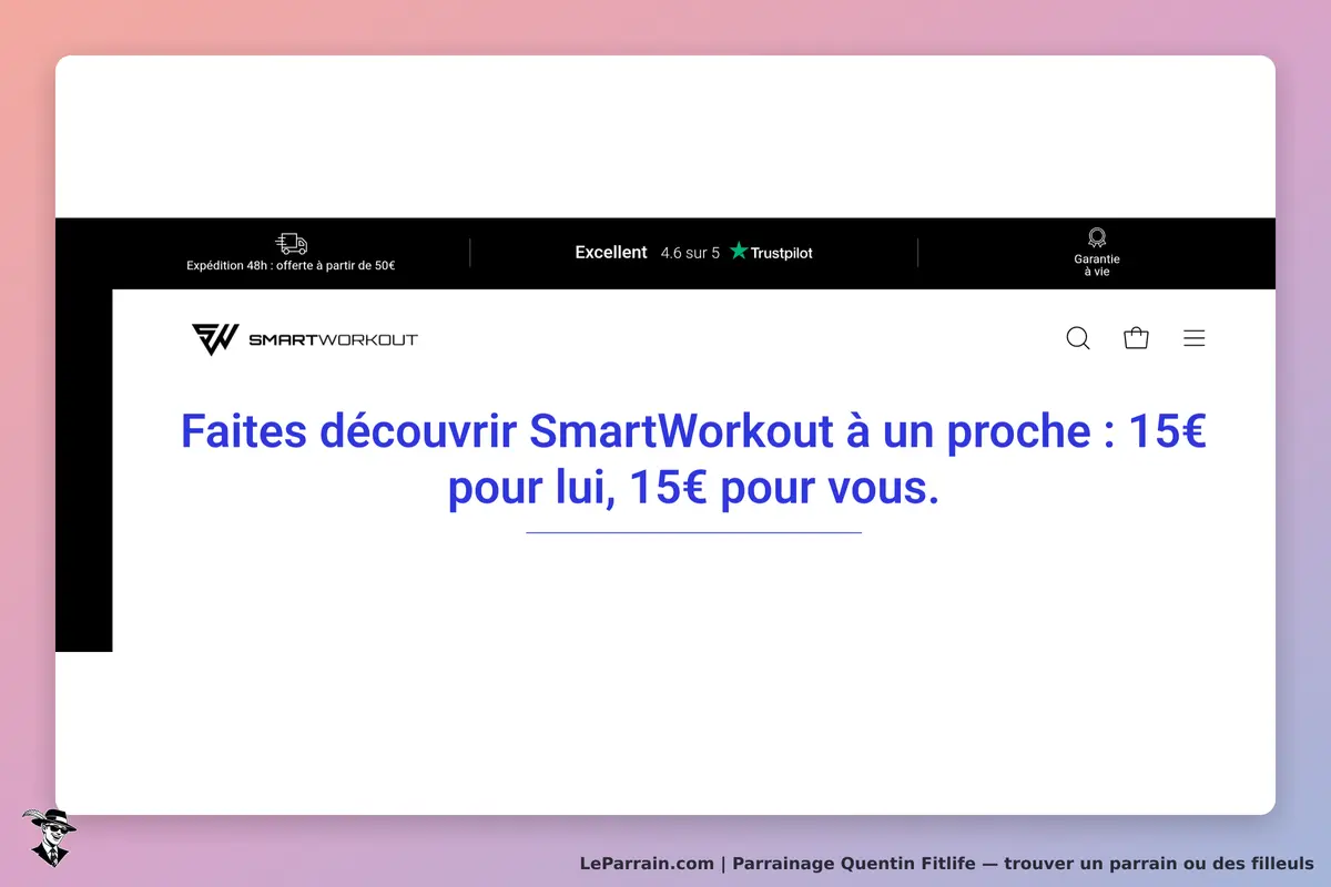 Quentin Fitlife : page d'accueil présentant SmartWorkout avec un message de parrainage