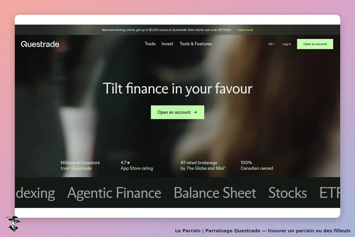 Questrade : page d'accueil avec slogan et bouton pour ouvrir un compte